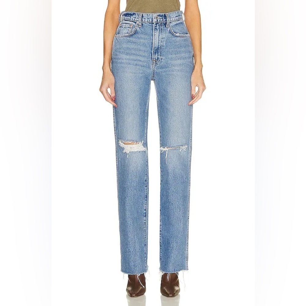 GRLFRND
Sara Super High Rise Slim Straight Distresses Size 25 Red Rock